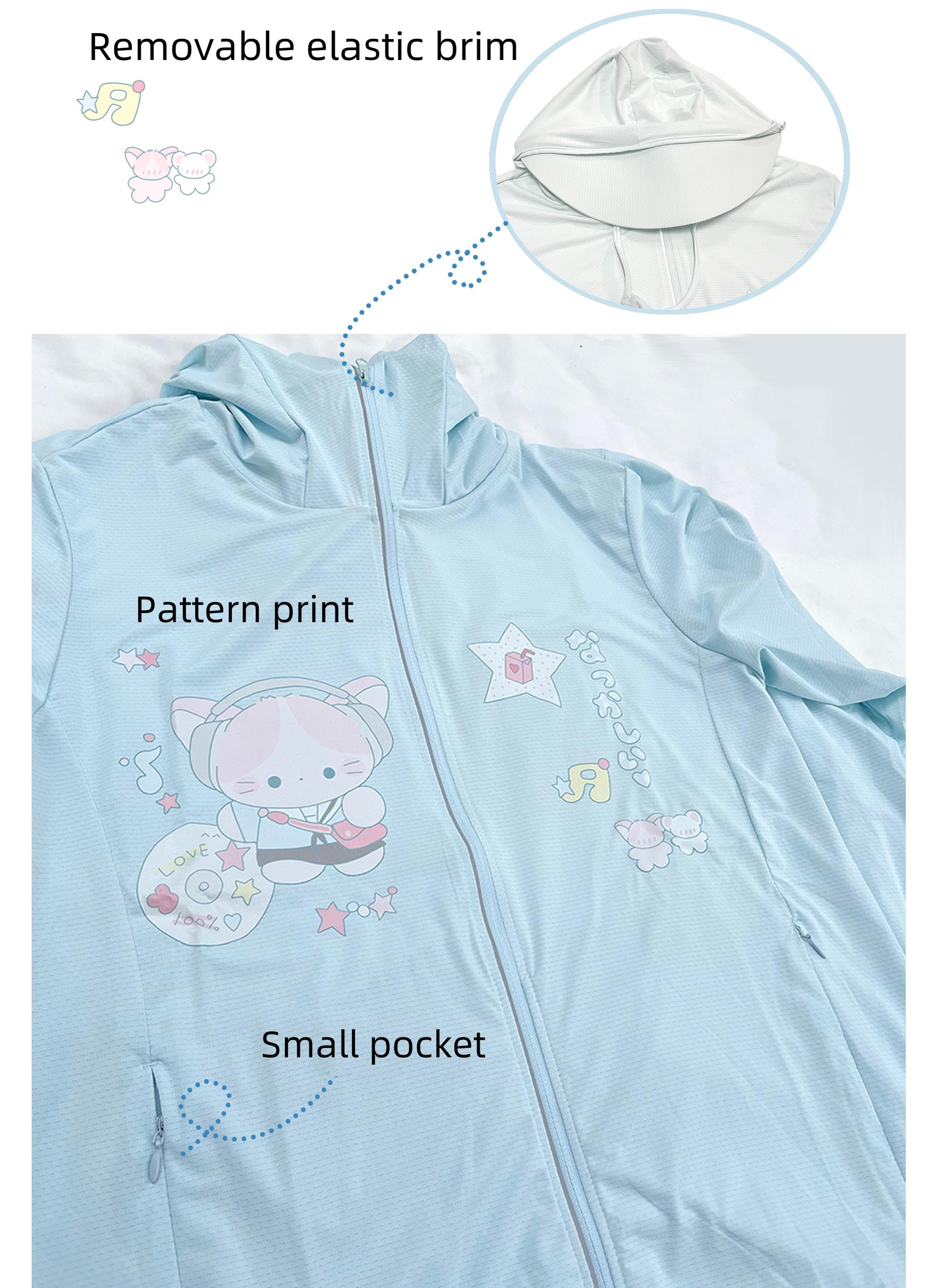 Jirai kei style sun-protective hooded jacket in water blue featuring cute cat and star designs, lightweight breathable construction for outdoor activities