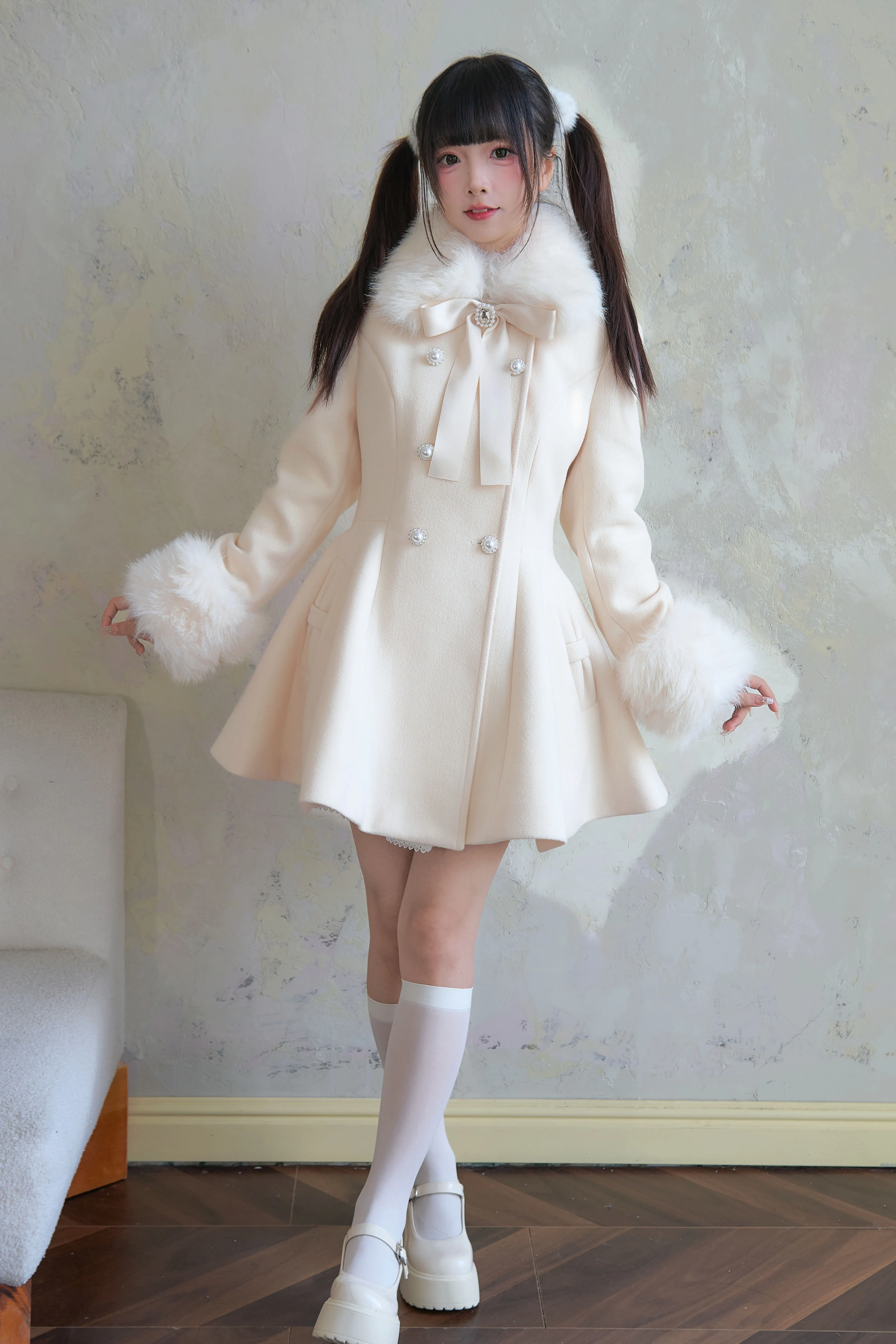 Apricot Jirai Kei mid-length winter coat front full-body view with faux fur collar double-breasted design and elegant flared hemline