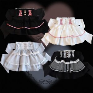 Ryousangata Tiered Skirt Flat Lay Comparison - Multiple Jirai Kei Color Variants with Lace Ribbon Trim Details
