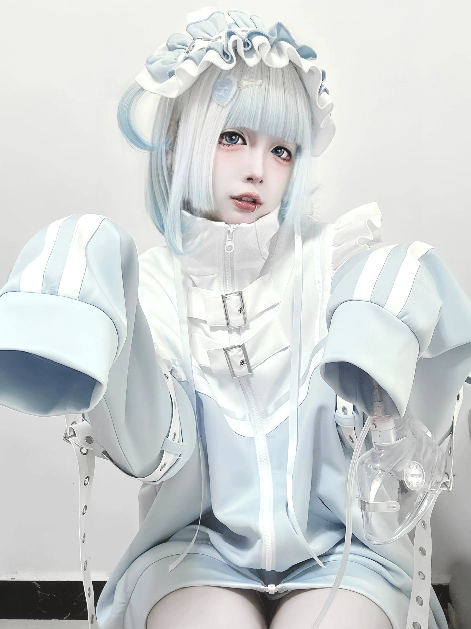 Close-up angel style Y2K Tenshi jacket ruffled high collar buckle fasteners detachable wing sleeves chest accessory model