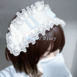 Angel wing Tenshi Kaiwai lace headband side rear close-up showing delicate ruffled lace trim light blue buckles and miniature angel wing decorations