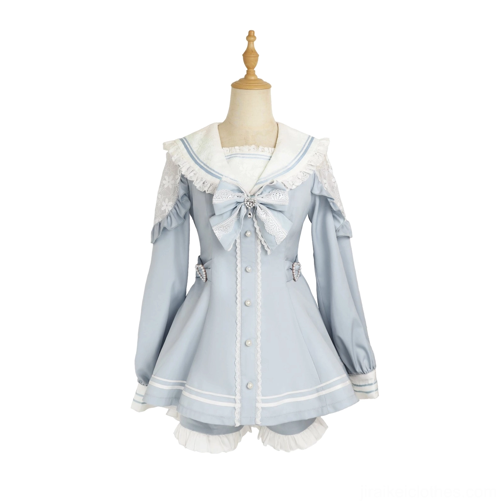 Light blue aqua sailor Jirai Kei dress set with gem bow decoration ruffled shorts on dress form product display