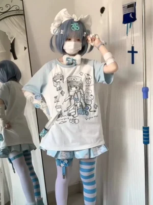 Back view of aqua and white anime nurse print raglan t-shirt showing rear design with matching color scheme in full-body mirror reflection