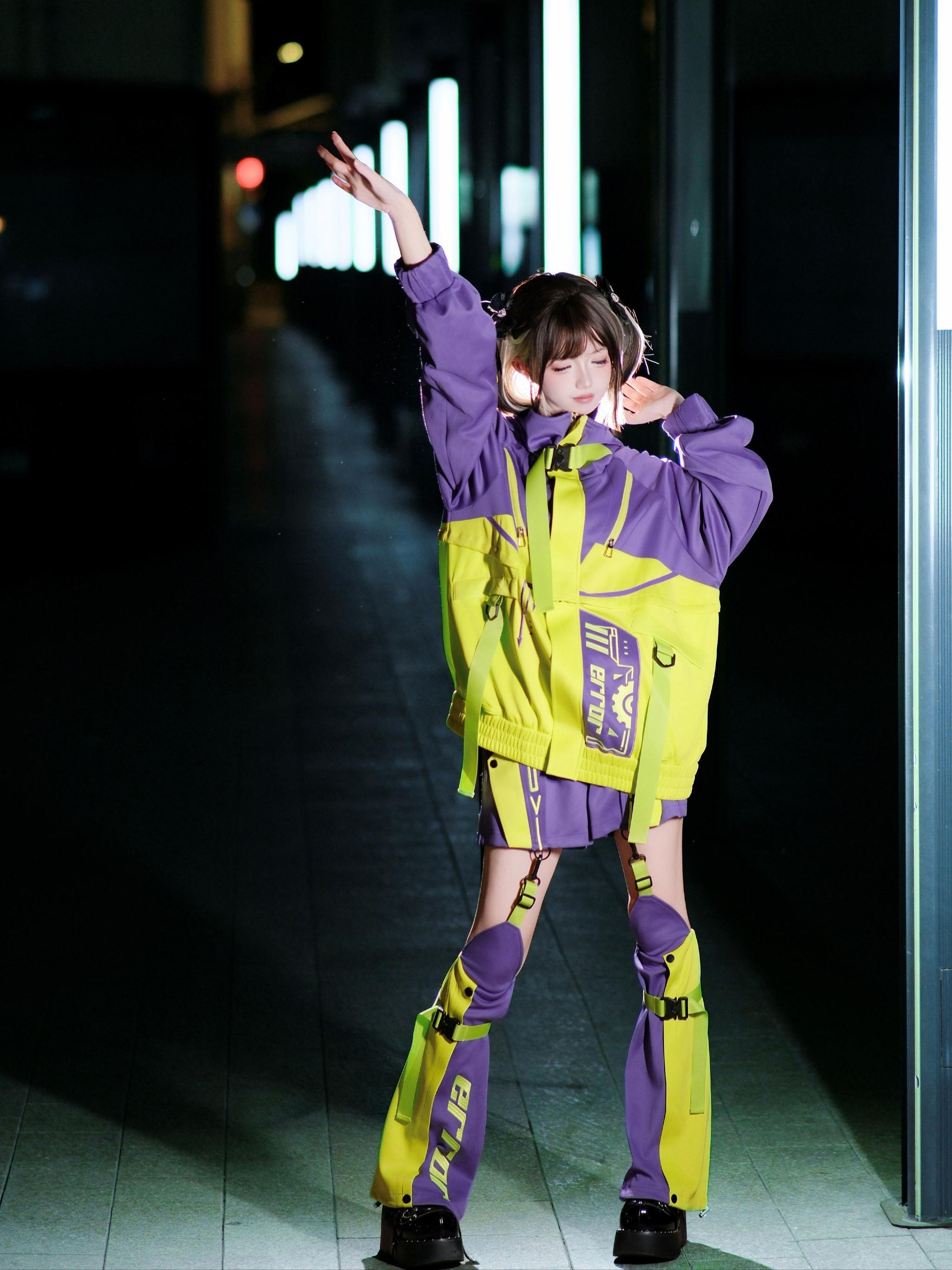 Cyberpunk jirai kei outfit lifestyle photography night scene urban environment wearing demonstration