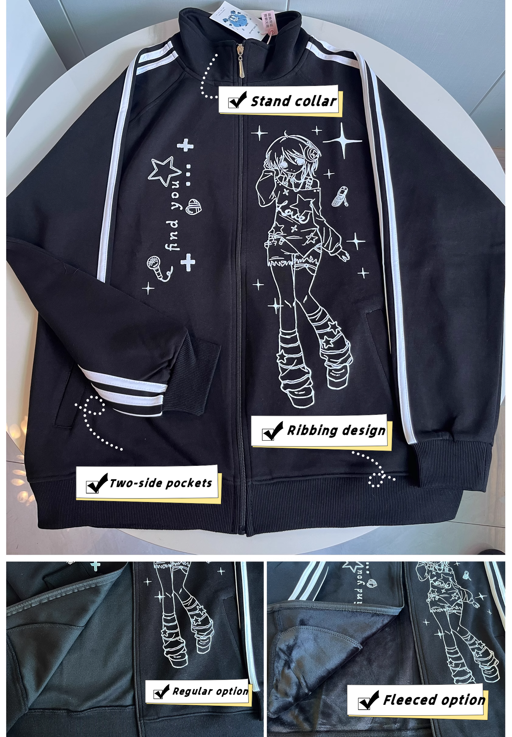 black jirai kei stand collar anime character print zip jacket styling inspiration outfits with combat boots mesh tights goth accessories