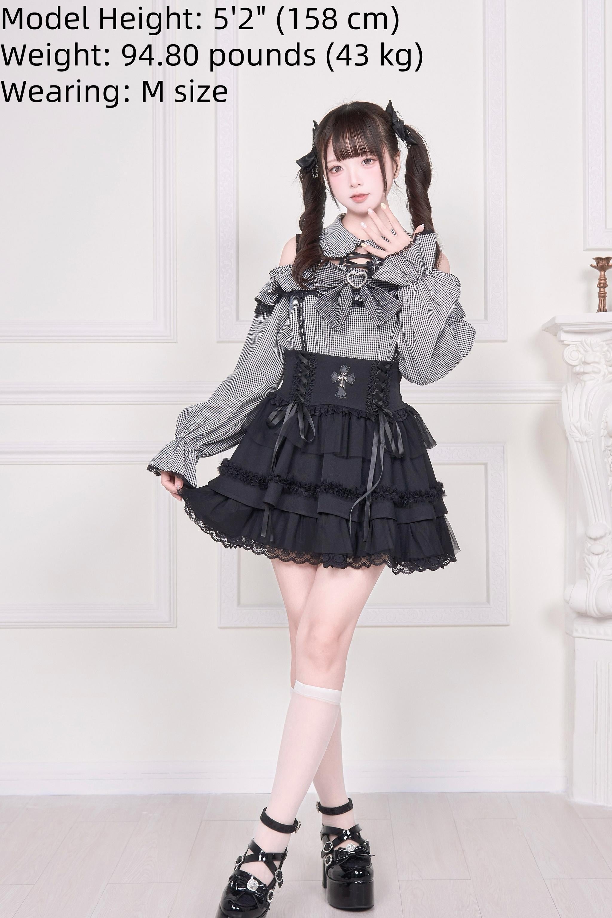 Grey gingham cold-shoulder Jirai Kei blouse with ruffled detailing on model twin-tails full-body