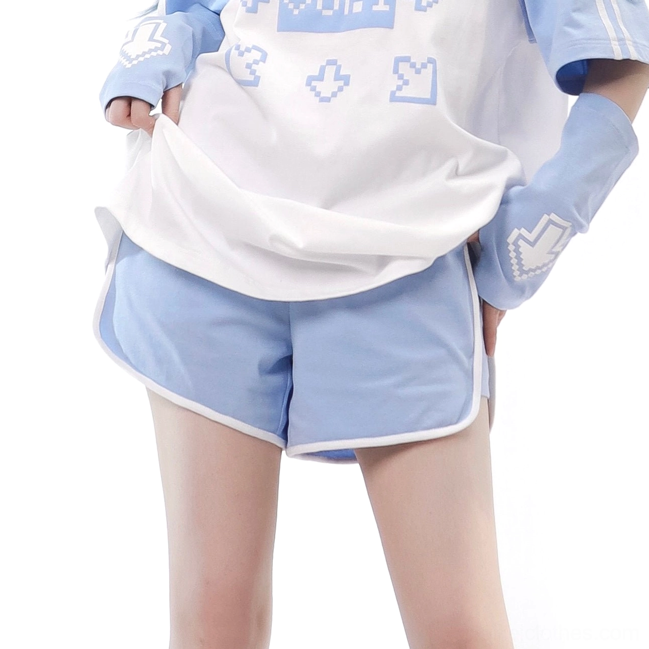 Baby blue athletic shorts white piping trim dolphin hem side pocket close-up Tenshi Kaiwai coordinating bottoms