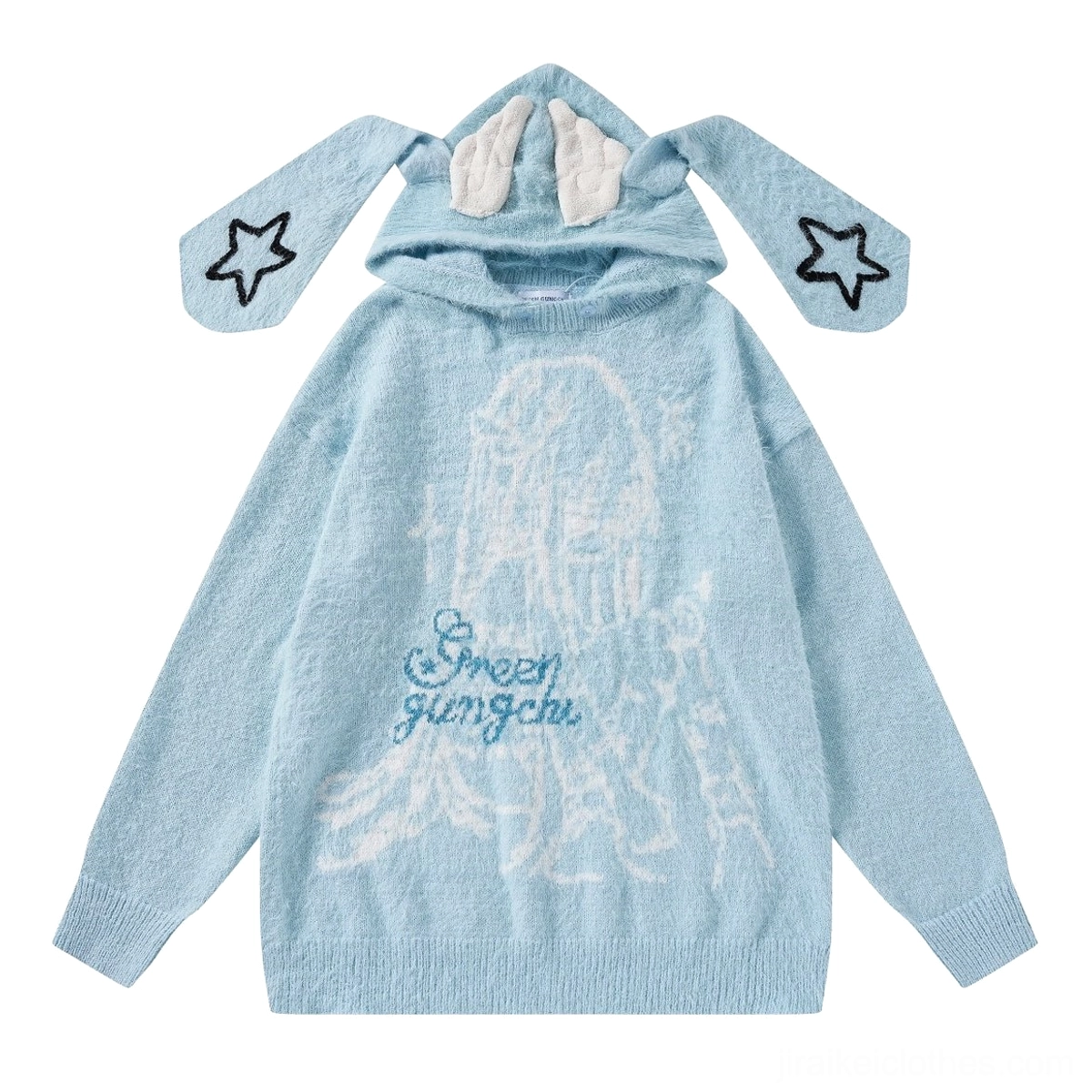 Baby blue bunny ear hooded sweater with star ear patches script text and fuzzy knit fabric jirai kei angel aesthetic flat lay