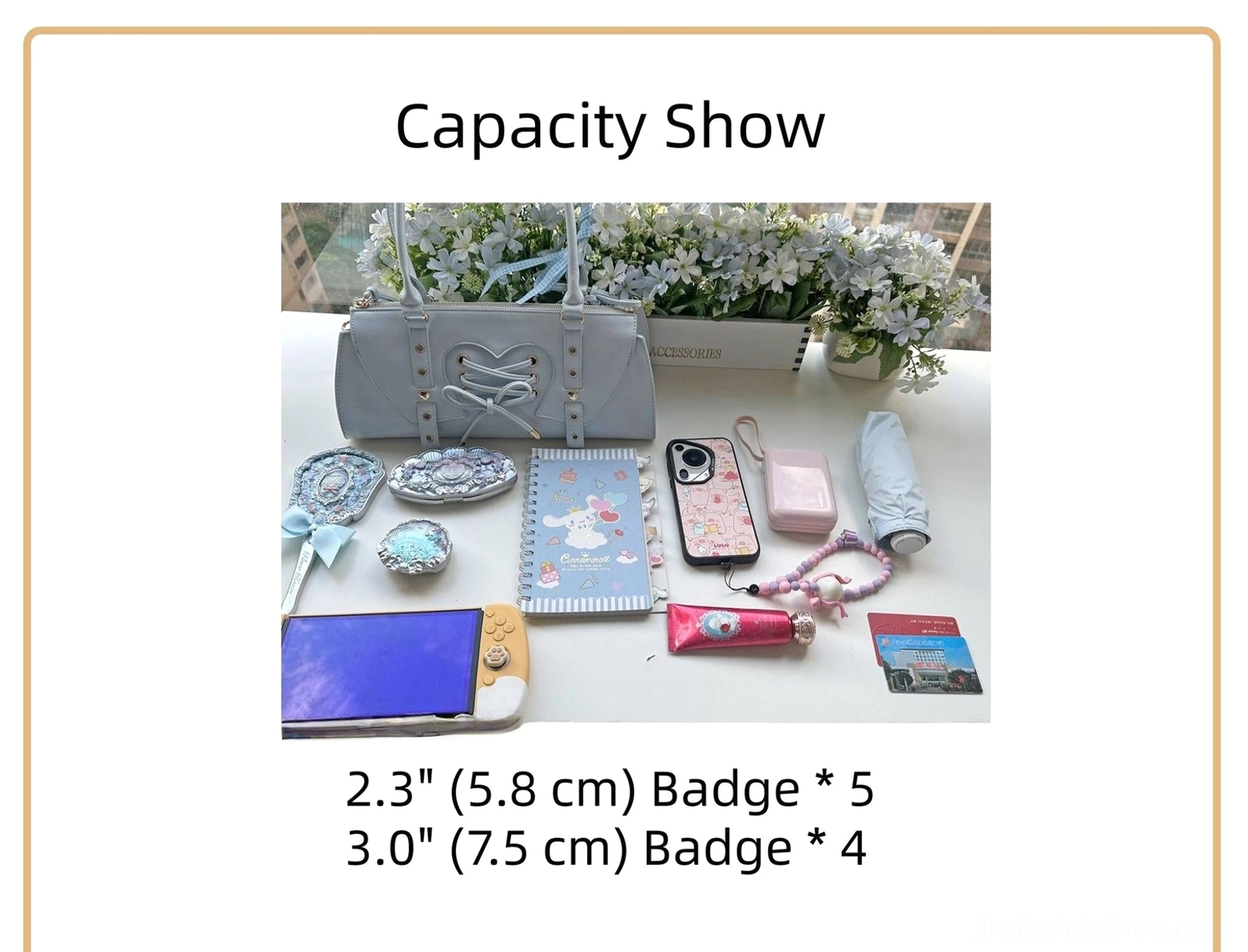 Itabag capacity showcase with various sized badges and daily small accessories in top-down flat lay desktop display