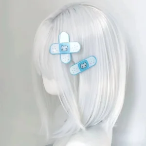 Blue water bandage hair clips styled on white short bob wig mannequin demonstrating cute cat face design and realistic wearing perspective for Tenshi Kaiwai accessories