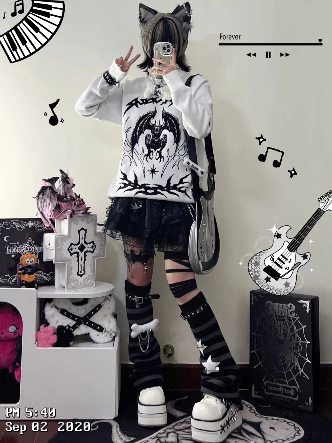 Bat embroidery knit sweater full-body selfie with guitar ornament decoration cross body bag jirai kei styling