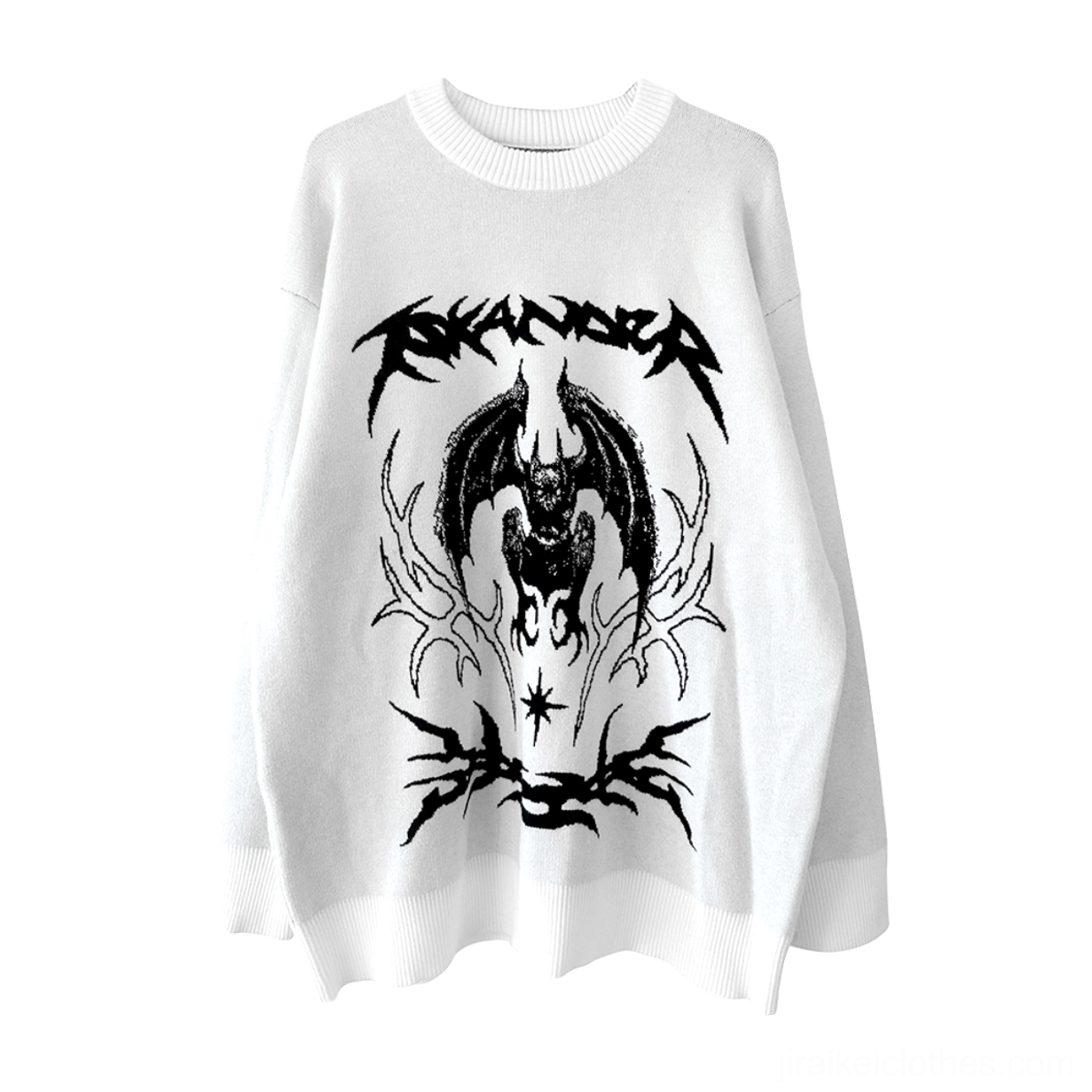 Bat printed oversized white sweater front full-body gothic bedroom scene with platform boots and cross body bag