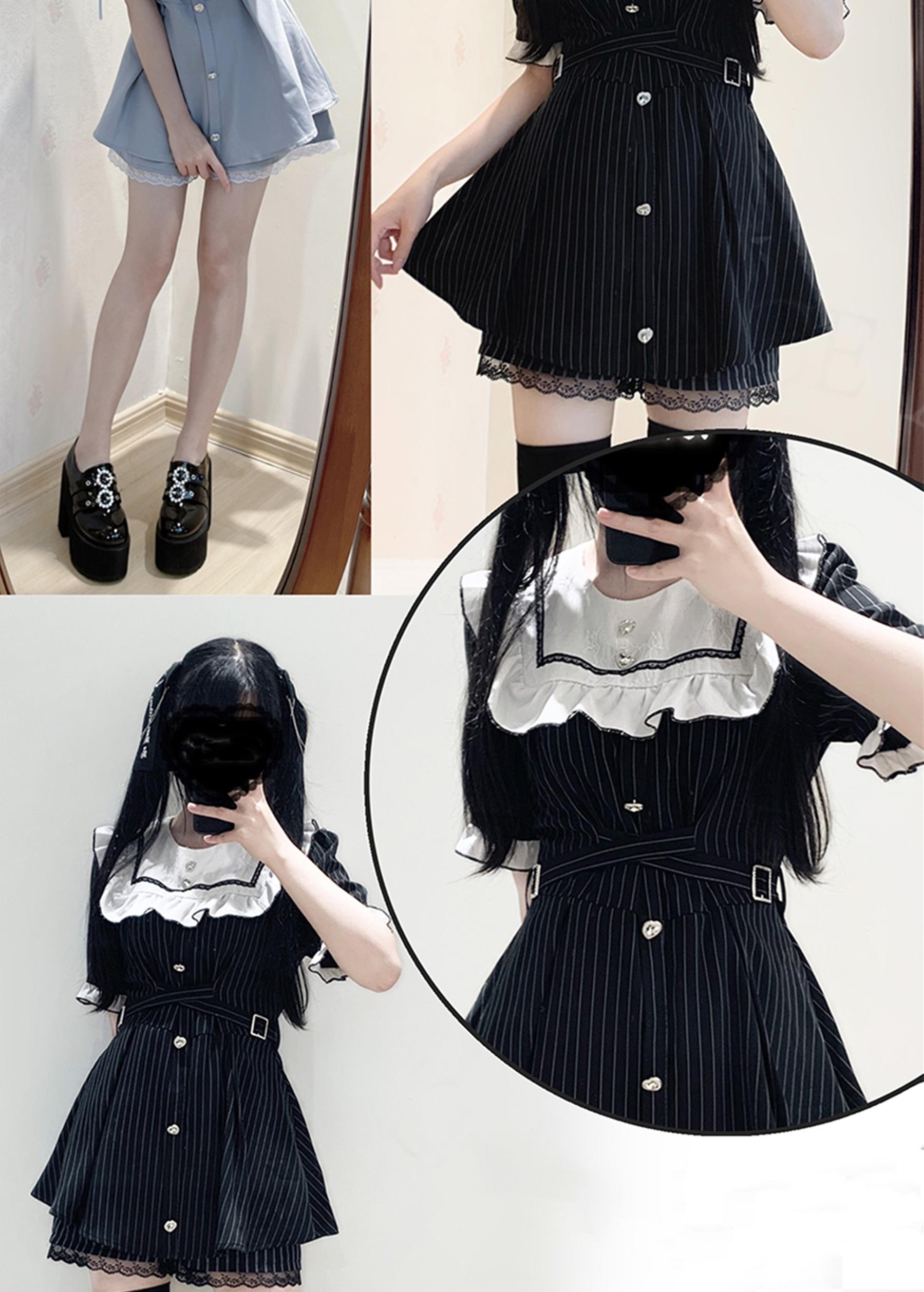 Jirai Kei dress set color comparison chart black check vertical stripe navy grid pink-black blue-white options