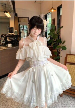 Black and white Jirai Kei skirt options featuring high-waist lace hem double-layer construction front view