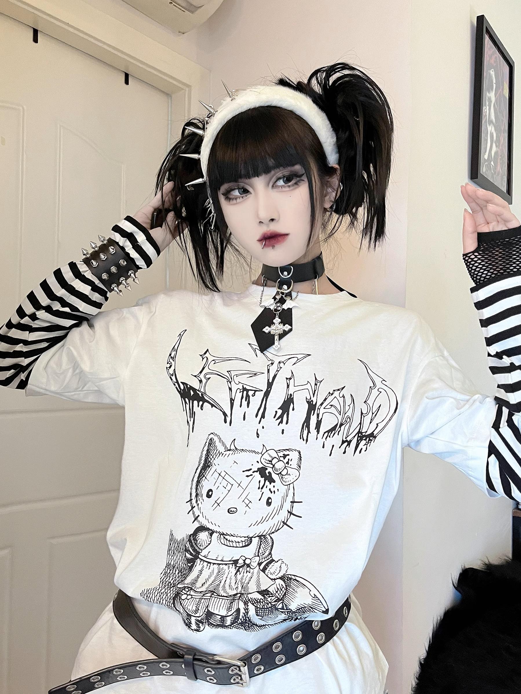 Jirai kei striped false two-piece long sleeve punk tee flat lay product shot showing full design and graphic print details