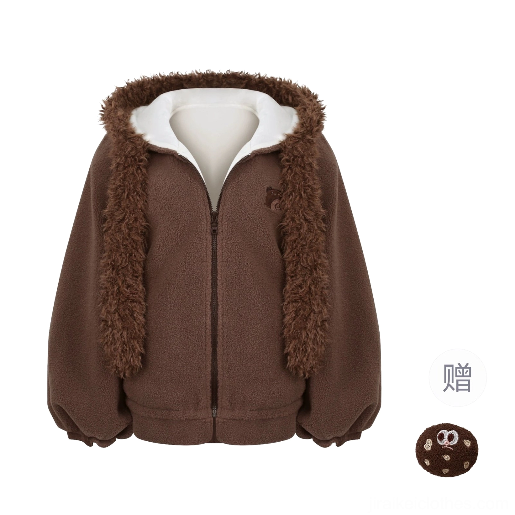 Brown hooded fleece jacket with bear ears flat lay product shot showing white inner fleece lining, metal zipper closure, fuzzy exterior texture, and cute hood design detail