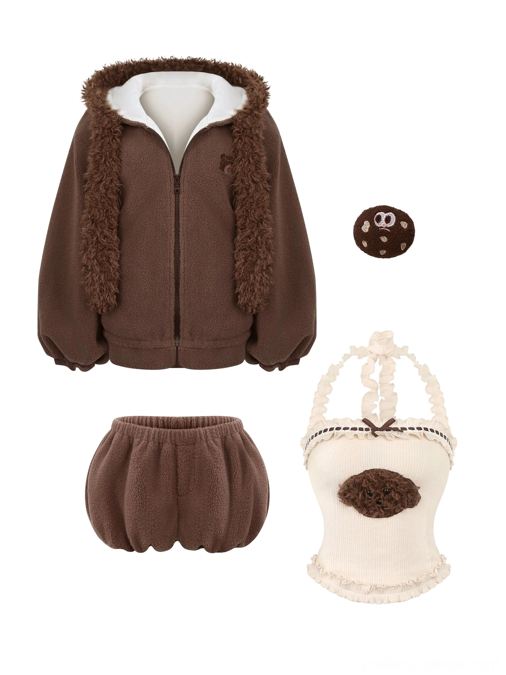 Complete bear ear Jirai Kei outfit set flat lay including brown fleece jacket with hood, brown shorts, cream camisole, plus bonus free plush bear badge gift collectible