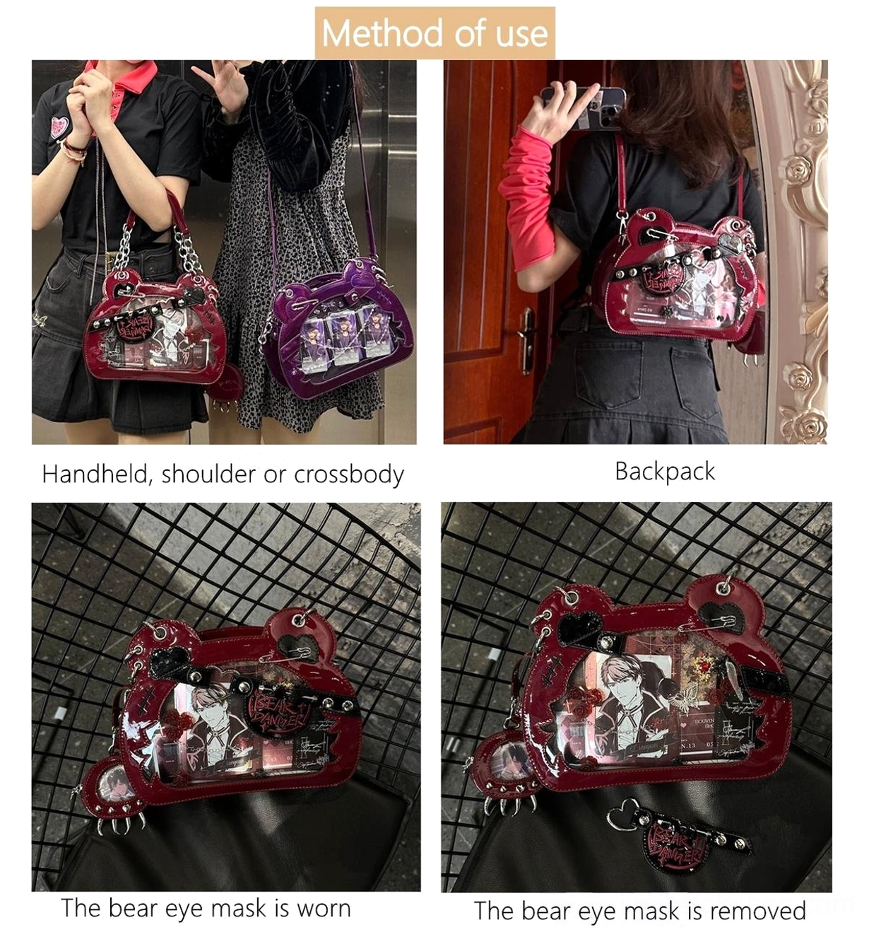 Styling inspiration for bear-shaped jirai kei ita bag with outfit coordination, showing spicy girl fashion pairing ideas