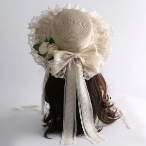 Beige country lolita straw sunhat back central view on mannequin head displaying wide lace trim and cream flower embellishments jirai kei
