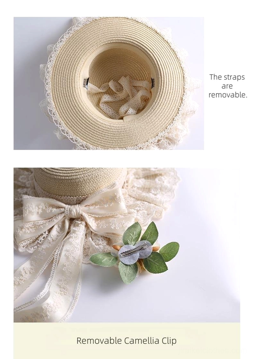 Beige country lolita straw sunhat complete styling view with all decorative elements showcasing jirai kei aesthetic lace and ribbon