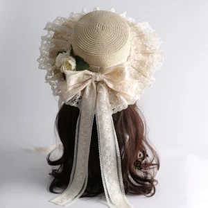 Beige country lolita straw sunhat back left view with ruffled lace brim and embroidered satin bow with ribbon sashes jirai kei aesthetic