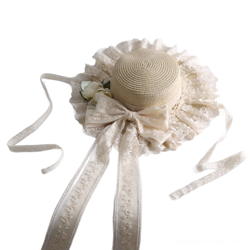 Beige country lolita straw sunhat adjustable lace strap detail showing removable ribbon components for custom head circumference fitting