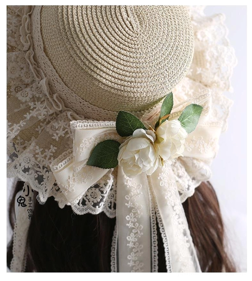 Beige country lolita straw sunhat close-up back top view showing woven straw crown texture with lace bow and fake flower set