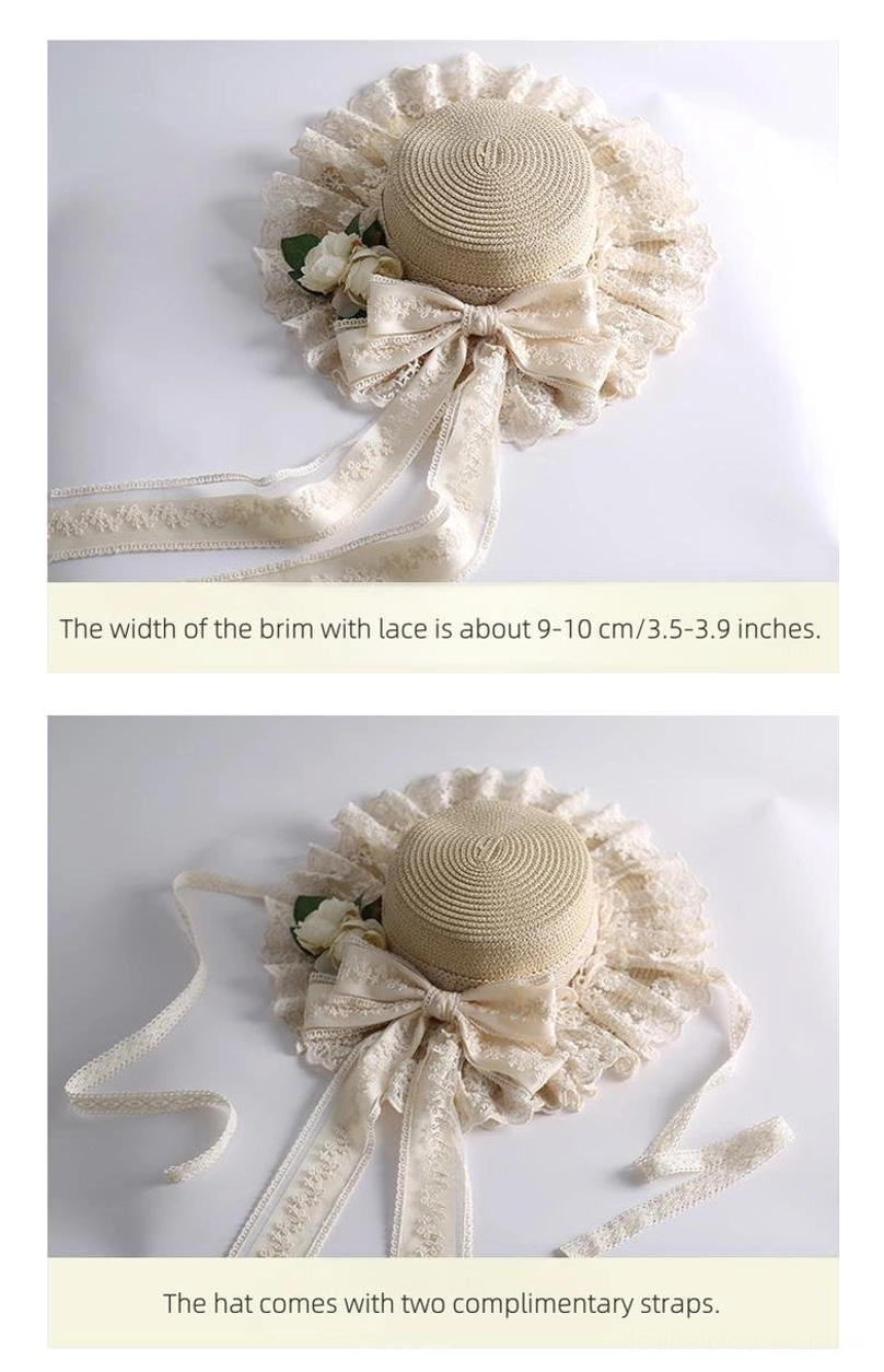 Beige country lolita straw sunhat embroidered ribbon sash and lace bow detail showing craftsmanship jirai kei lolita fashion