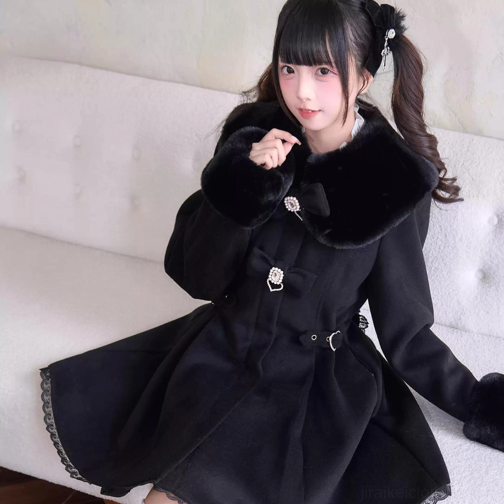 Beige Jirai Kei Winter Coat Polyester and Lace Fabric Composition - Material Quality Detail Shot
