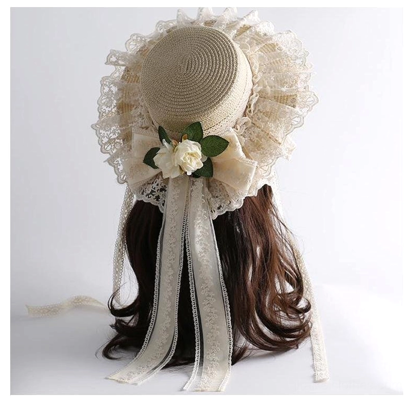 Beige country lolita straw sunhat back right view showing ruffled lace edge and trailing embroidered ribbons with white rose accents