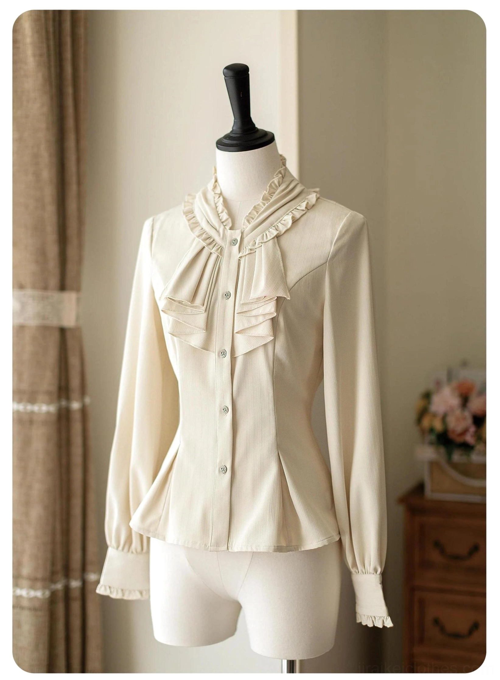 Beige ruffled blouse separate vintage inspired bishop sleeves delicate button accents Lolita