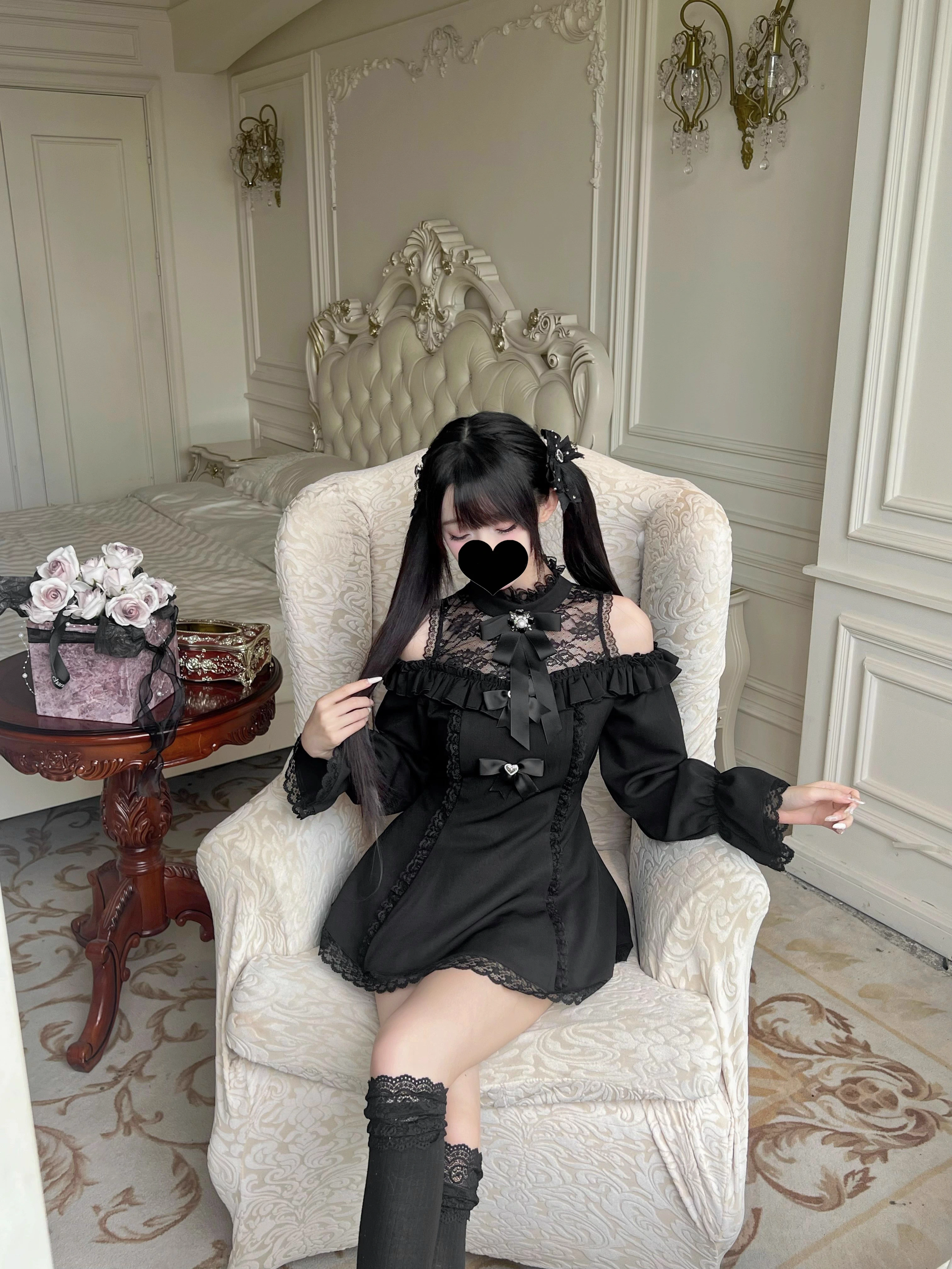 Off-shoulder Jirai Kei dress shorts ensemble lace trim and ruffled details full styling view