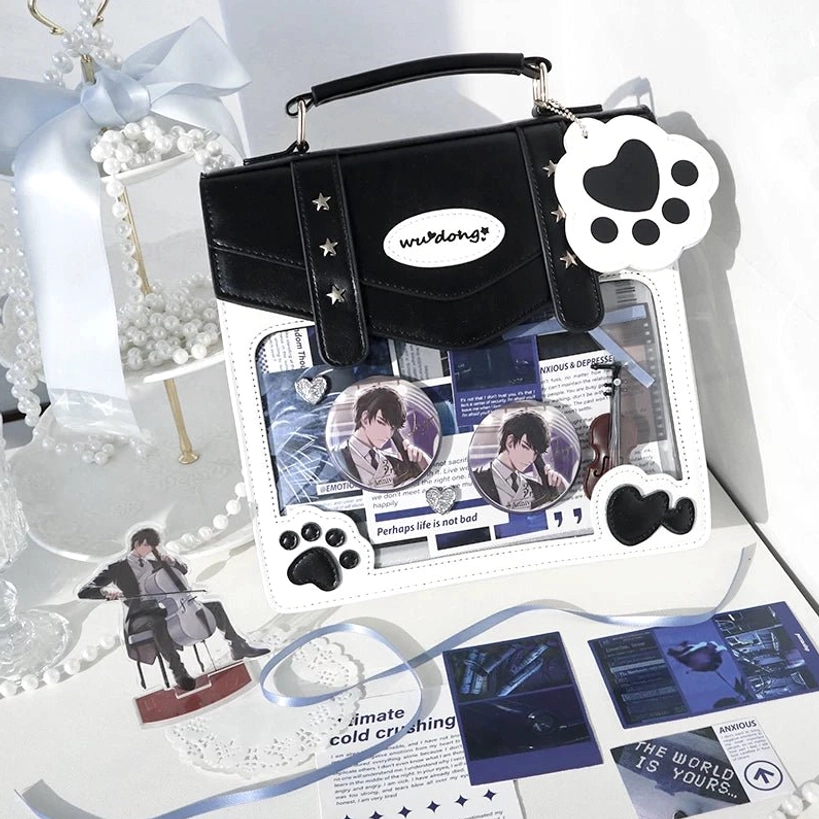 black and white jirai kei ita bag two tone color option cat paw details clear display