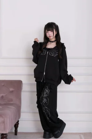 Black angel wing hoodie jacket with hot-fix rhinestones paired with oversized sweatpants - Jirai Kei streetwear 4-piece set front view