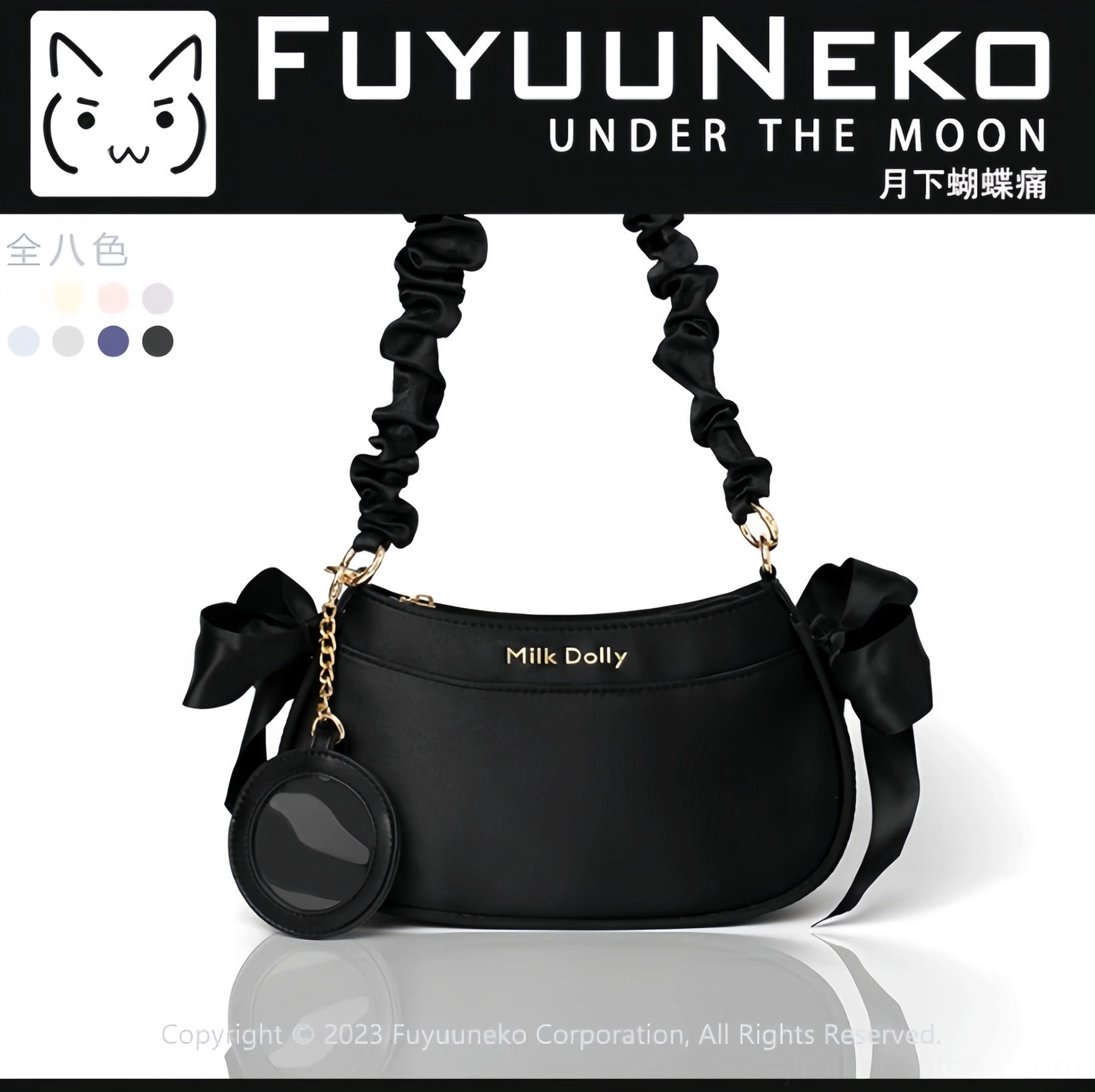 Black anime mini ita bag front display showcase with dual clear badge windows, satin bow details, gold-tone hardware, and complete product aesthetic presentation