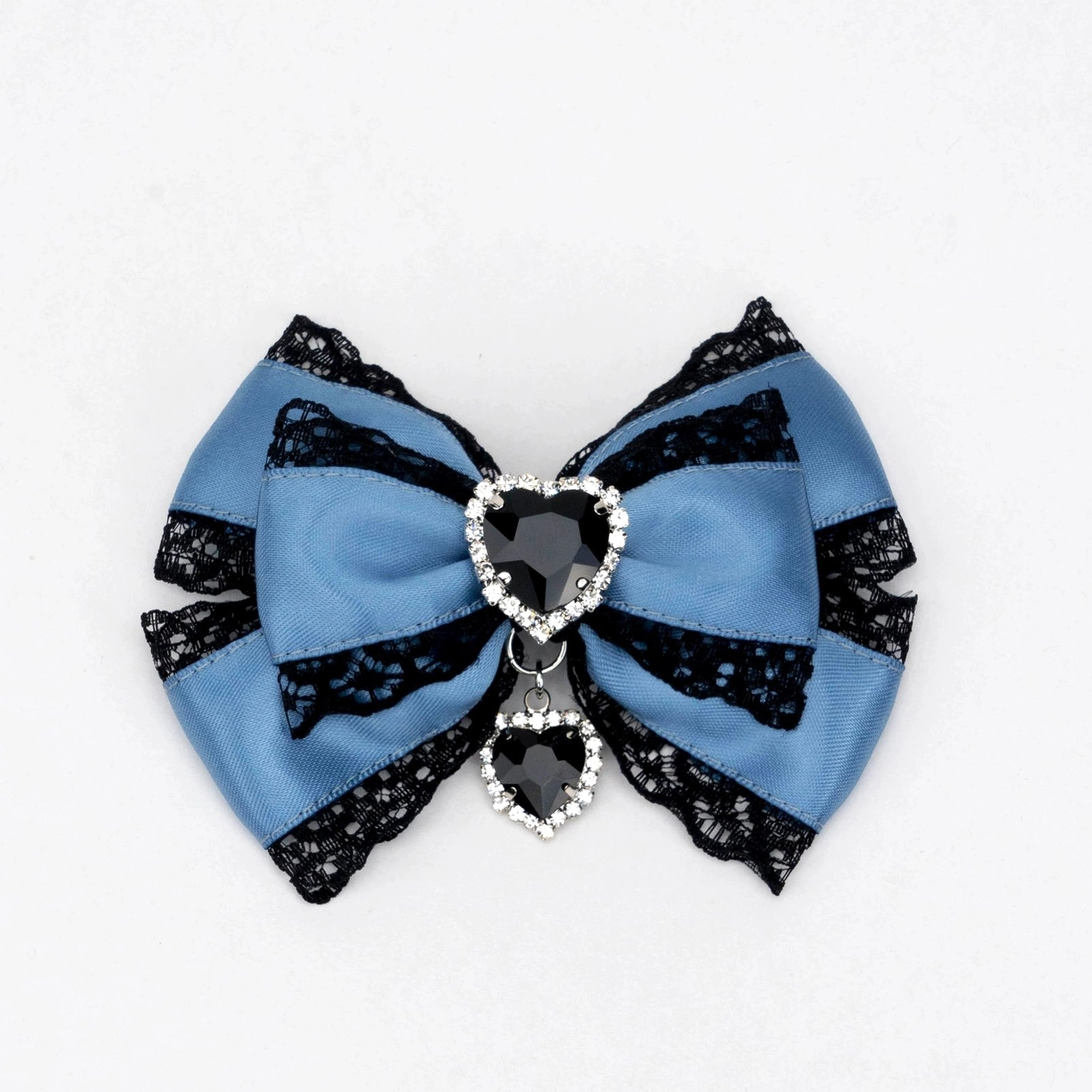 black and blue jirai kei bow hair clip dusty blue satin with black lace heart rhinestone decoration charm