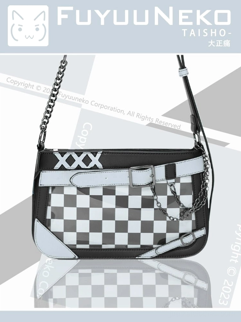 Black and blue Jirai Kei ita bag detail shot highlighting quality construction and professional finish