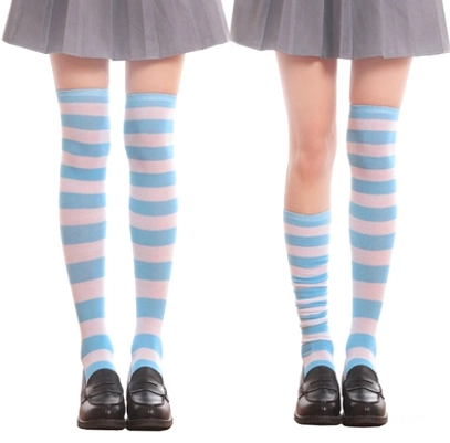 Black and blue striped over-the-knee socks flat lay top-down view, alternating horizontal stripes, detailed pattern showcase