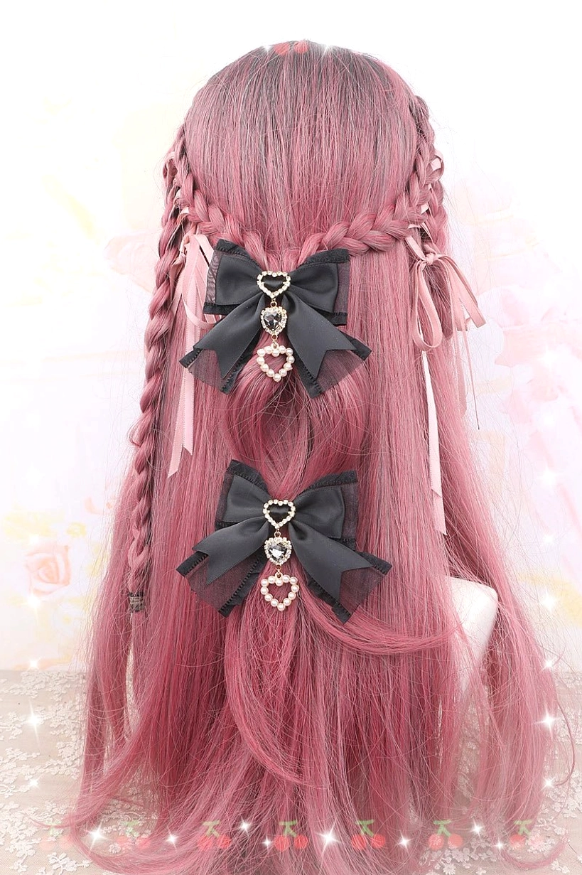 Black bow hair clip with heart rhinestone pendant - bold statement piece for darker Jirai Kei aesthetic