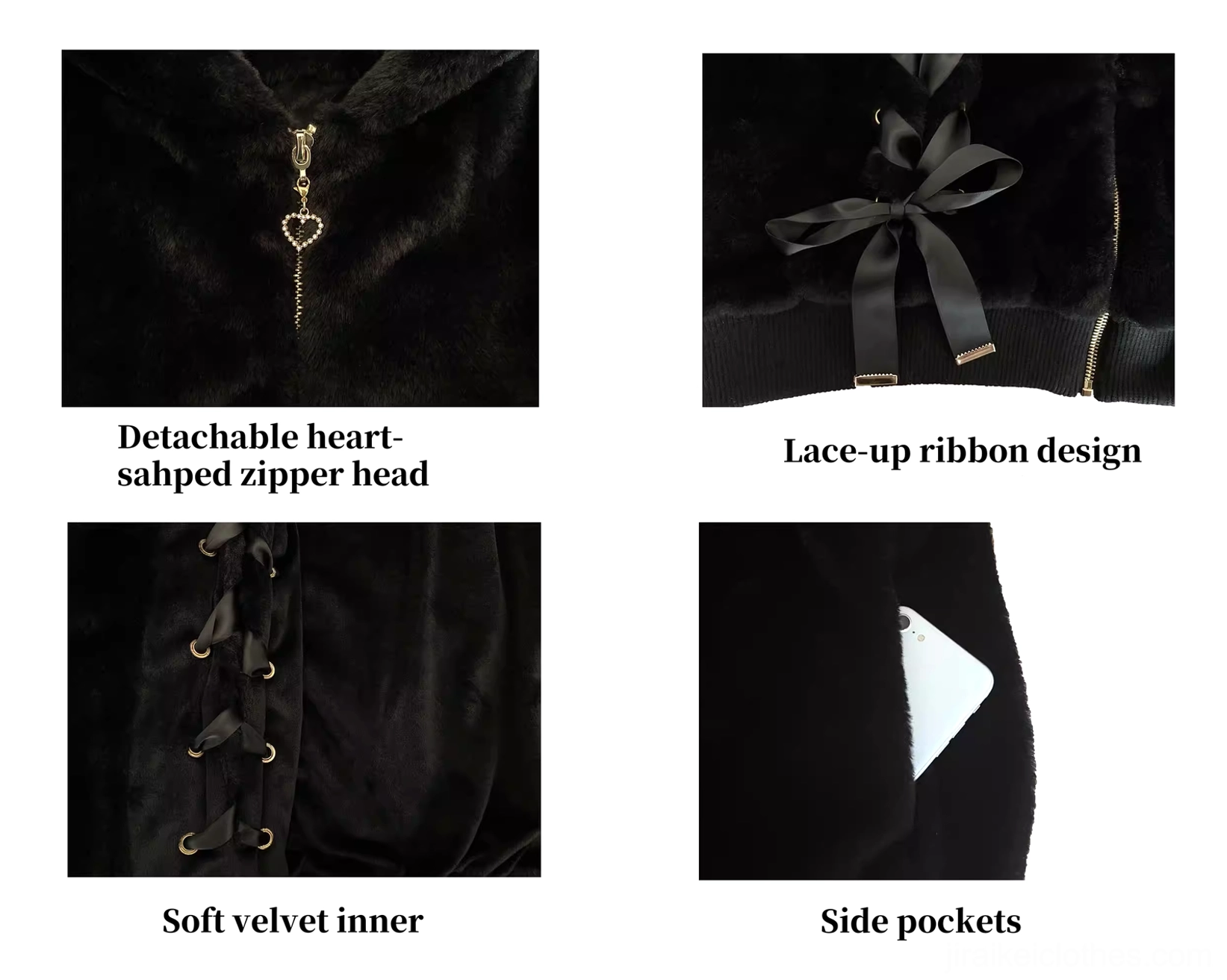 Black bunny-eared hooded plush fleece coat detail showing imitation rabbit hair outer layer and velvet inner