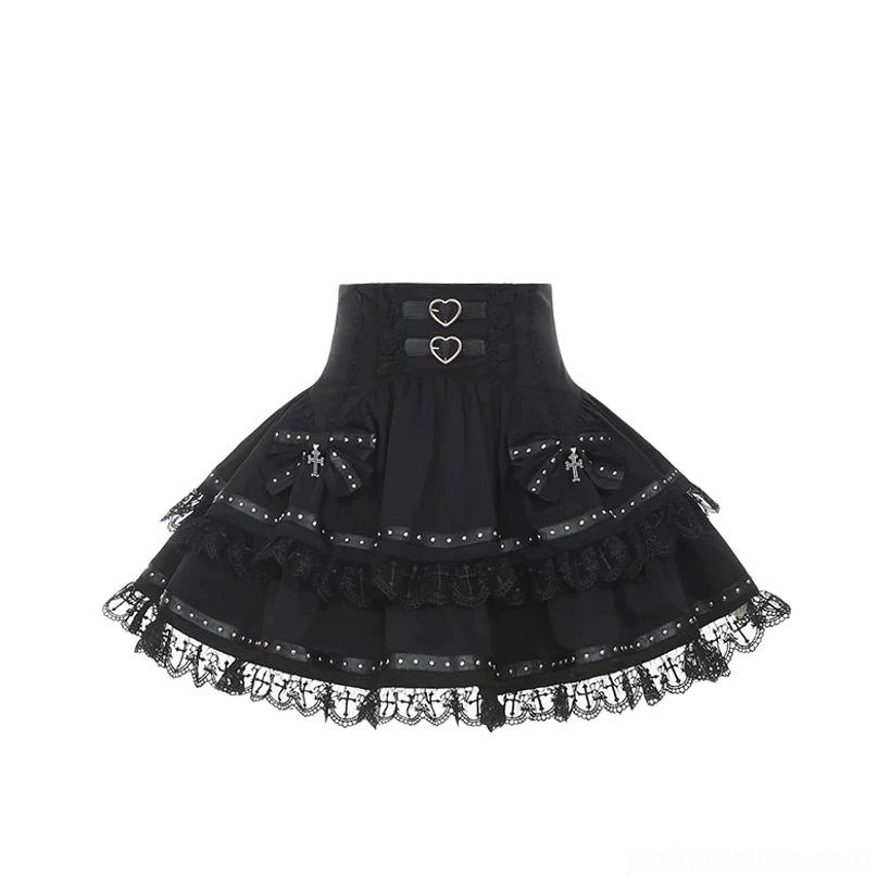 Flat lay detailed product display of black cake-style Jirai Kei skirt featuring heart-shaped buckles, layered delicate lace hem, and romantic bow decorations