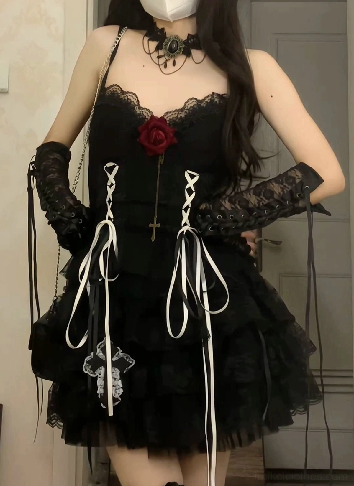 Black camisole top with black Jirai Kei tiered lace ruffle skirt coordinated set - elegant minimalist lace styling option
