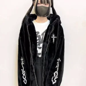 Black fuzzy cat ear hooded fleece jacket front view showing full front zipper closure and chest cross embroidery details