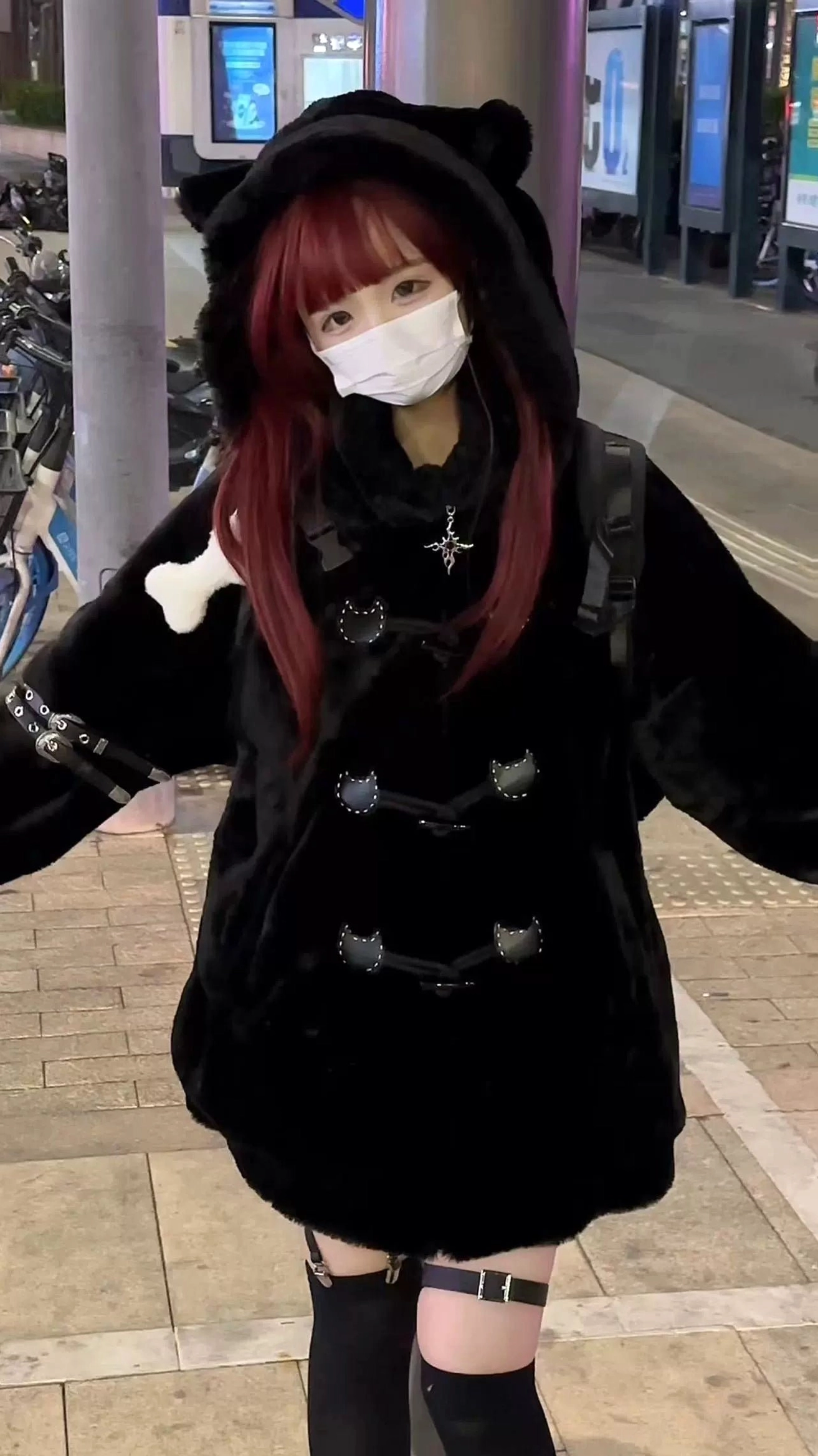 Black cat ear hooded jirai kei faux fur winter coat one size official product display photography