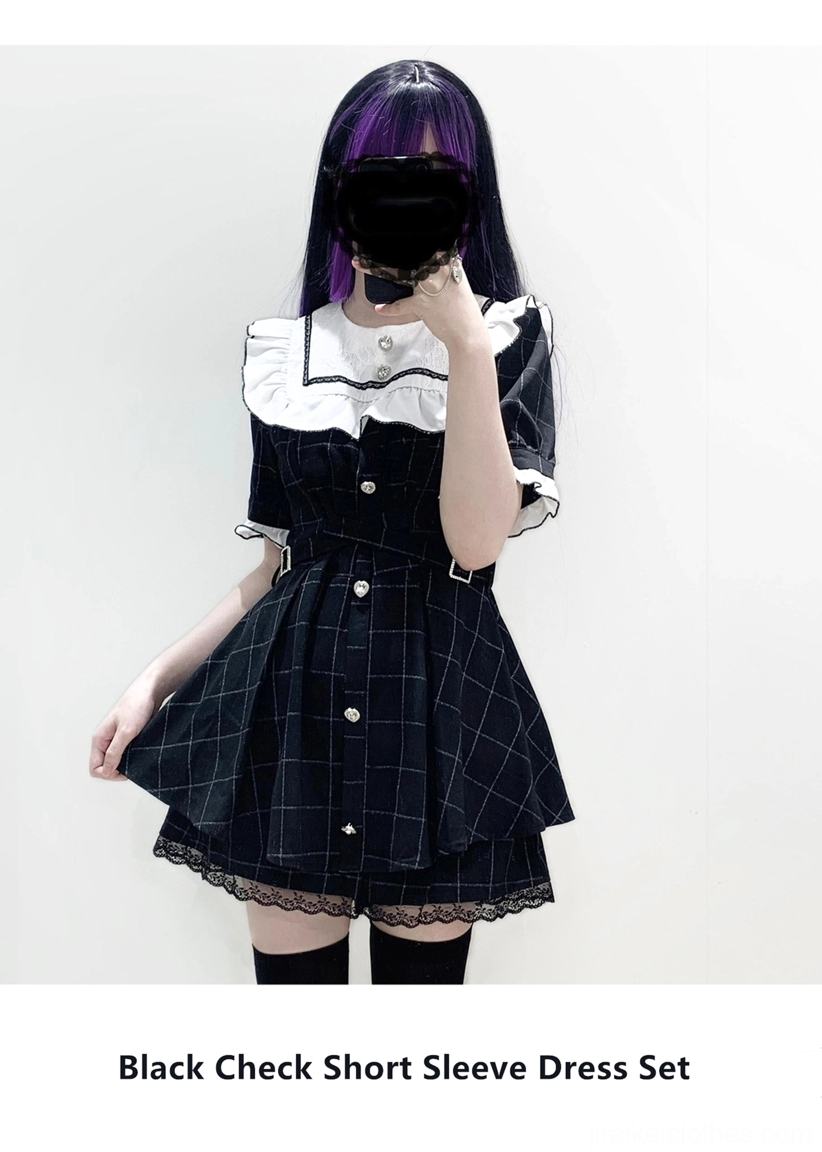 Black check short sleeve Jirai Kei dress set ruffled collar front buttons lace hem grid plaid pattern