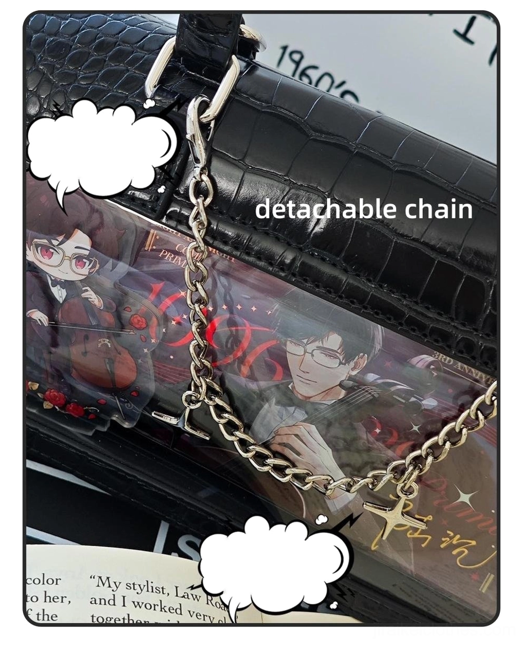 Black croc texture Jirai Kei itabag close-up side angle showing detachable metal chain strap and clear display window on anime background