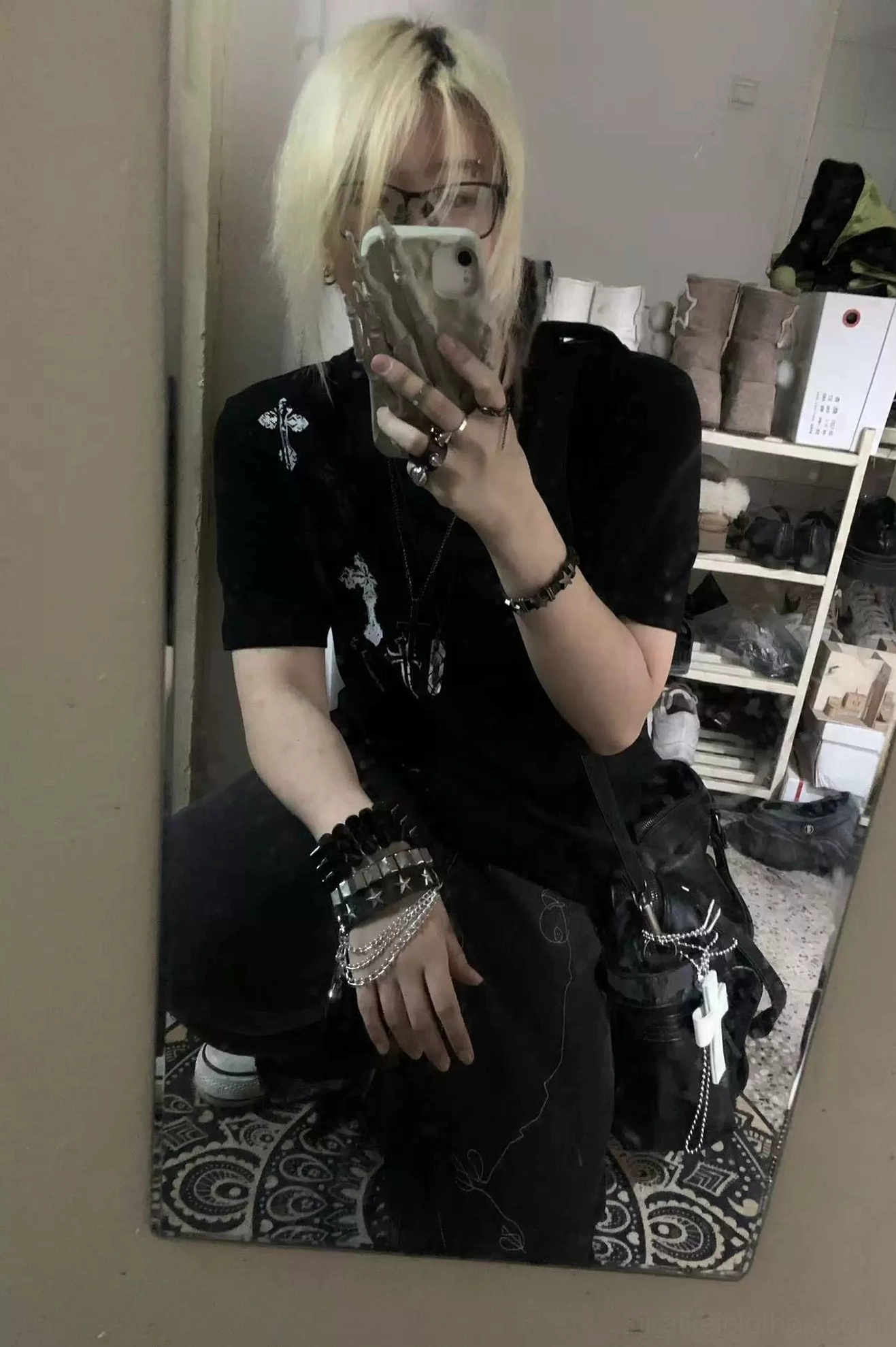 Black cross print t-shirt fabric close-up showing 230GSM heavyweight cotton blend texture and print durability, jirai kei quality material
