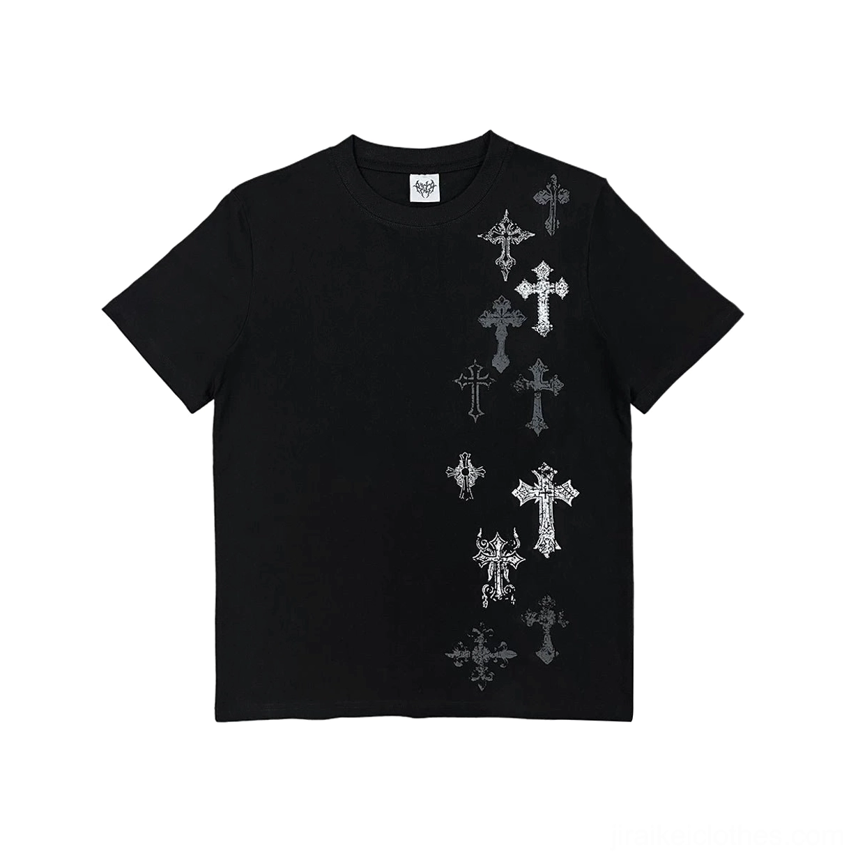 Black cross print t-shirt shipping information display, 7-10 business days processing time, dark fashion retail product showcase