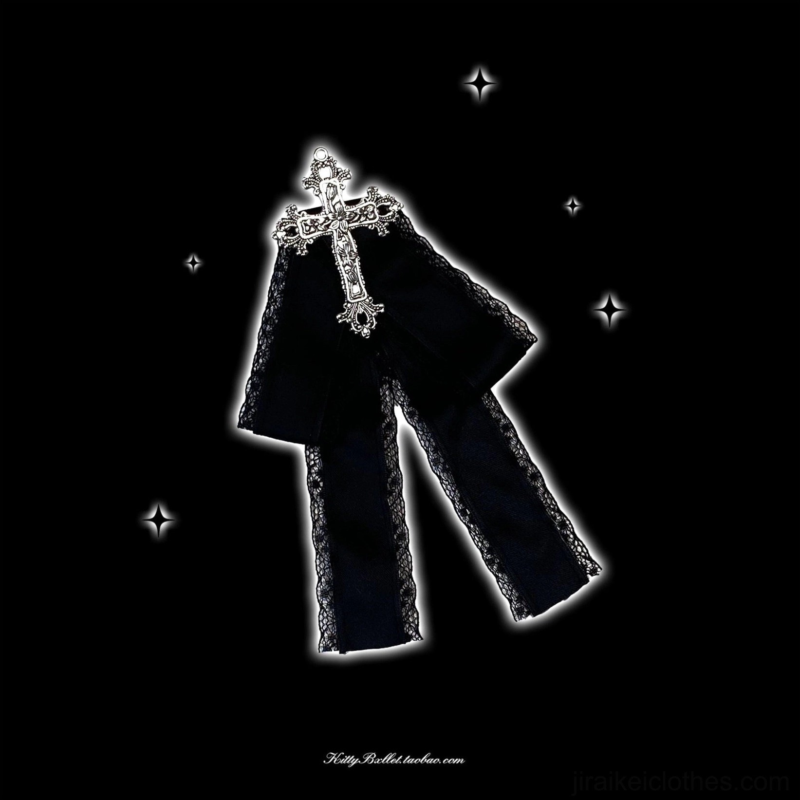 black cross ornate ribbon bow brooch jirai kei lace trim silver gem center