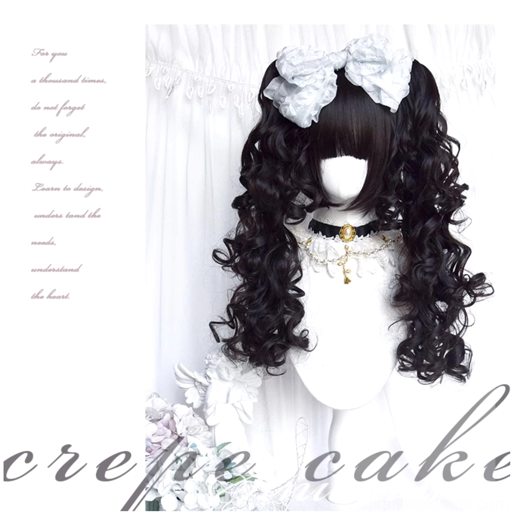 Black curly Lolita wig with large white bow hair ornaments and gem-studded choker on mannequin with text background